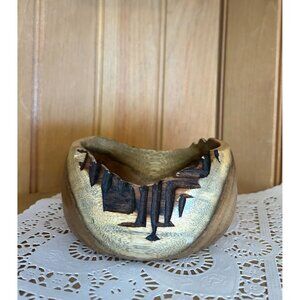 Vintage Decorative Hand Turned Carved Edge Walnut Wood Bowl Live Edge